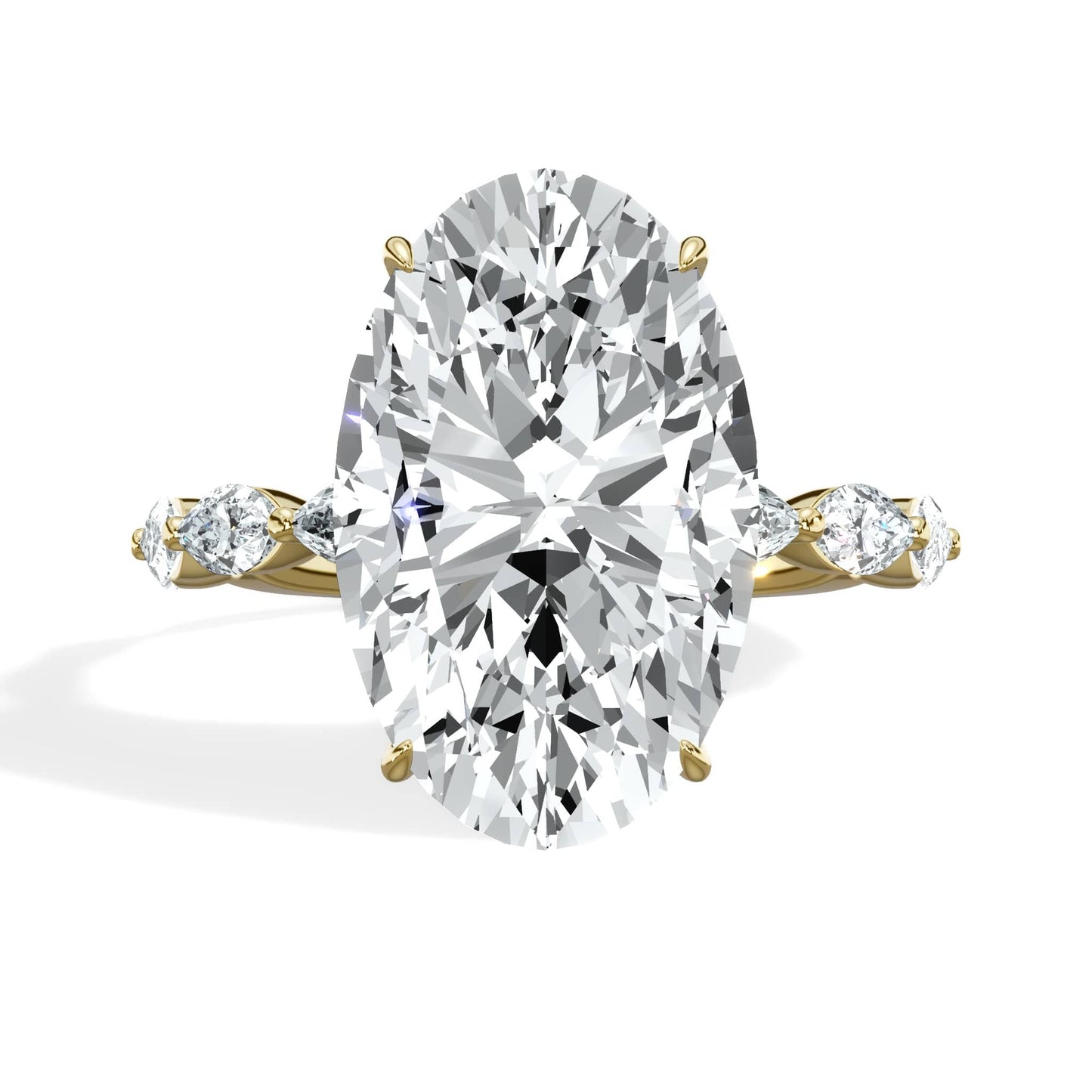 6.00 Carats Lab Grown Oval Shape with Marquise Side Stones Hidden Halo Diamond Engagement Ring Yellow Gold