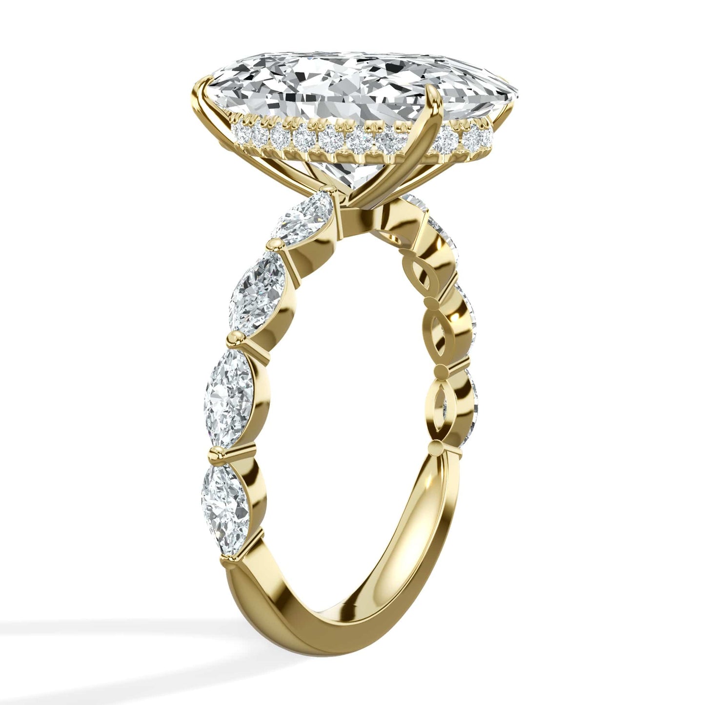 6.00 Carats Lab Grown Oval Shape with Marquise Side Stones Hidden Halo Diamond Engagement Ring Yellow Gold