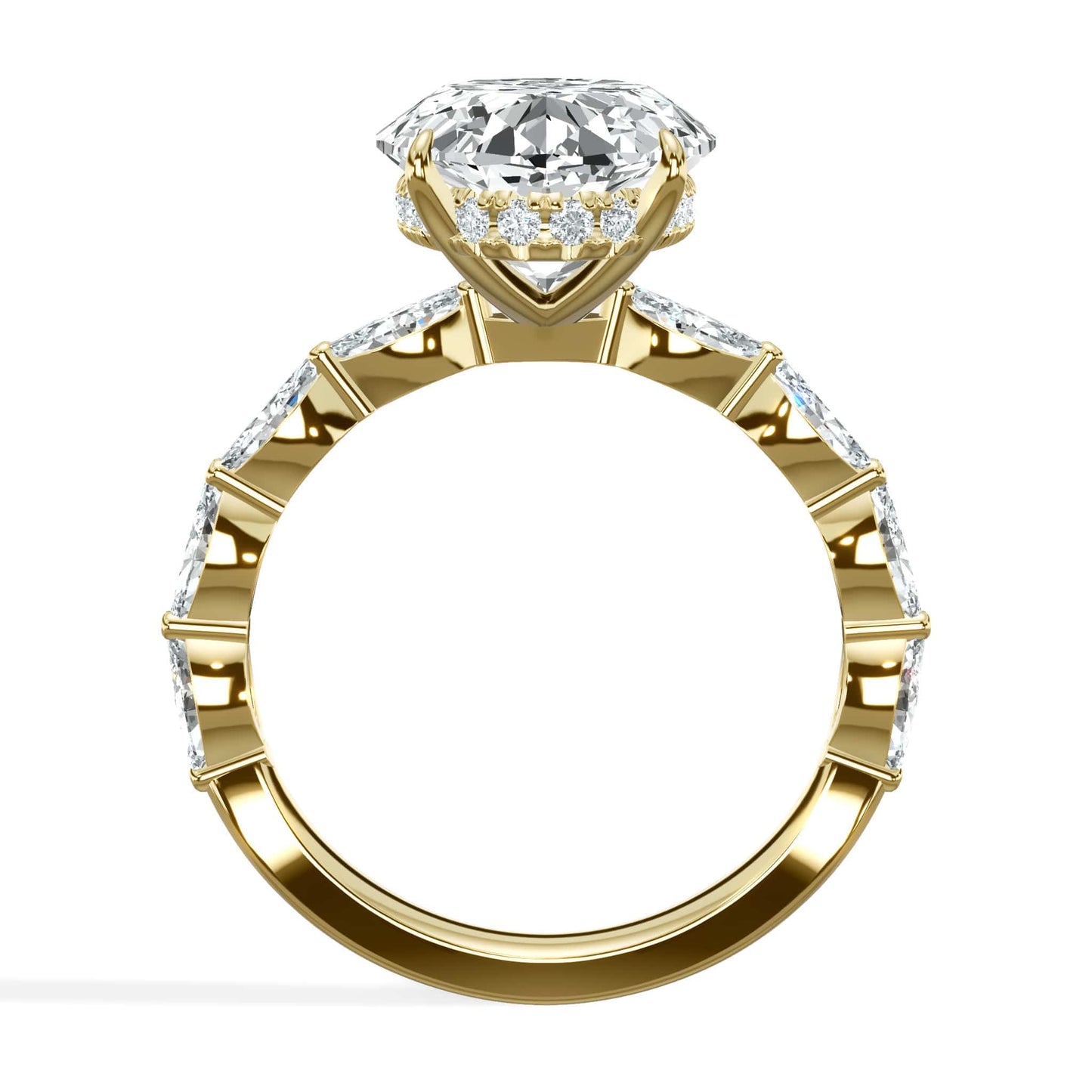 6.00 Carats Lab Grown Oval Shape with Marquise Side Stones Hidden Halo Diamond Engagement Ring Yellow Gold