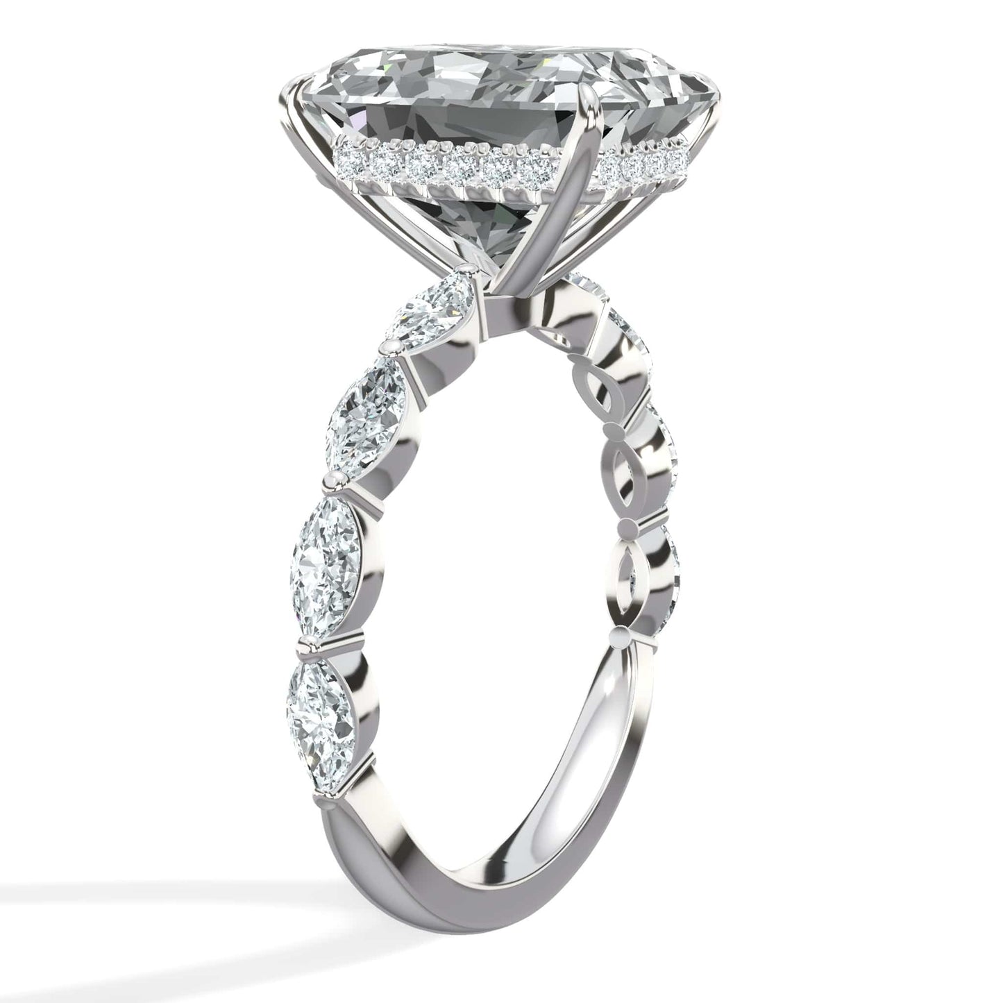 6.00 Carats Lab Grown Radiant Cut with Marquise Side Stones Hidden Halo Diamond Engagement Ring