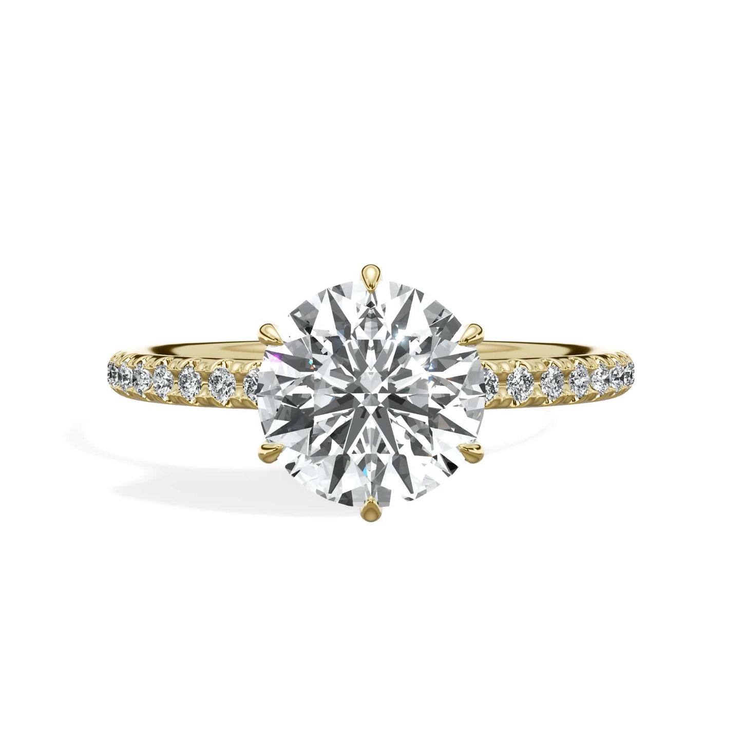 2 Carats Lab Grown Round Brilliant Cut Micropave Side Stones Accented Prongs Diamond Engagement Ring in Yellow Gold