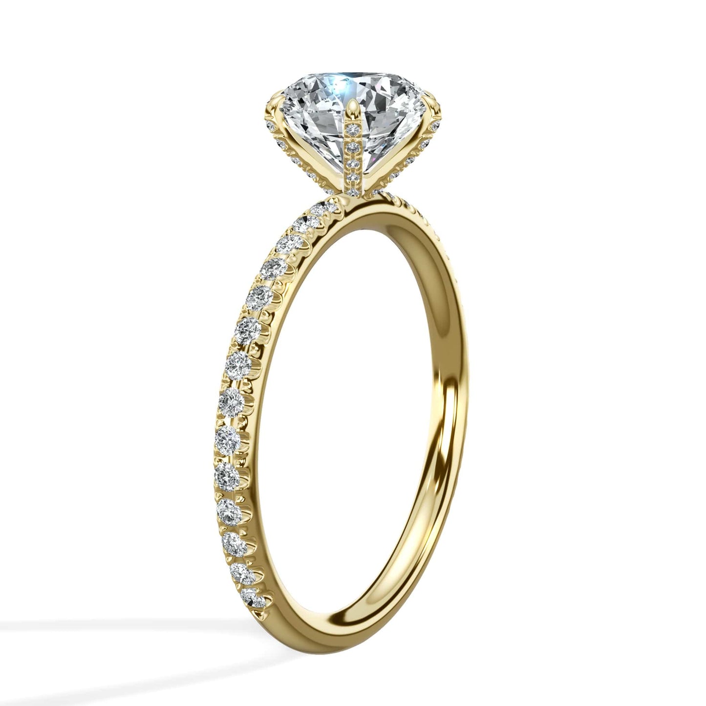 2 Carats Lab Grown Round Brilliant Cut Micropave Side Stones Accented Prongs Diamond Engagement Ring in Yellow Gold