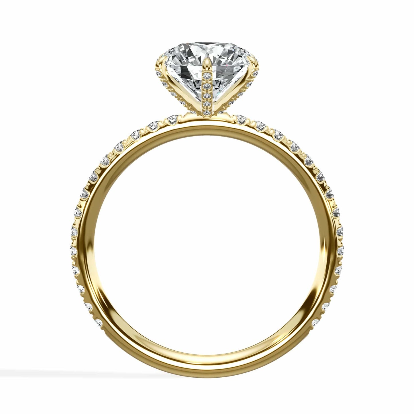 2 Carats Lab Grown Round Brilliant Cut Micropave Side Stones Accented Prongs Diamond Engagement Ring in Yellow Gold