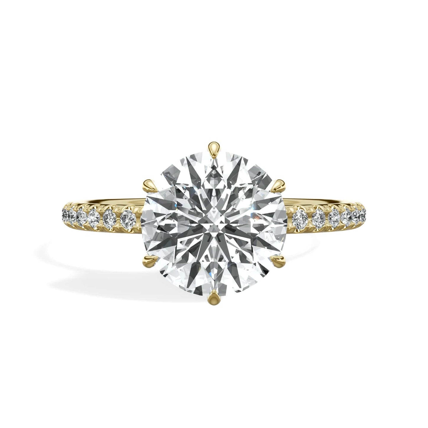 2.50 Carats Lab Grown Round Brilliant Cut Micropave Side Stones Accented Prongs Diamond Engagement Ring in Yellow Gold