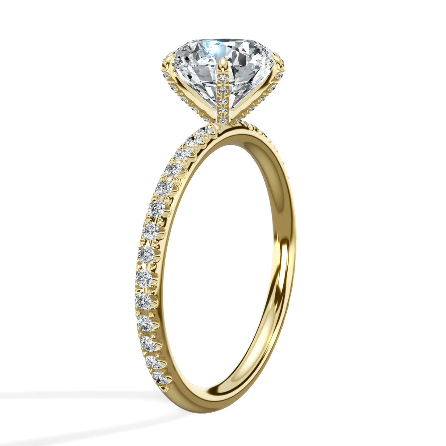 2.50 Carats Lab Grown Round Brilliant Cut Micropave Side Stones Accented Prongs Diamond Engagement Ring in Yellow Gold