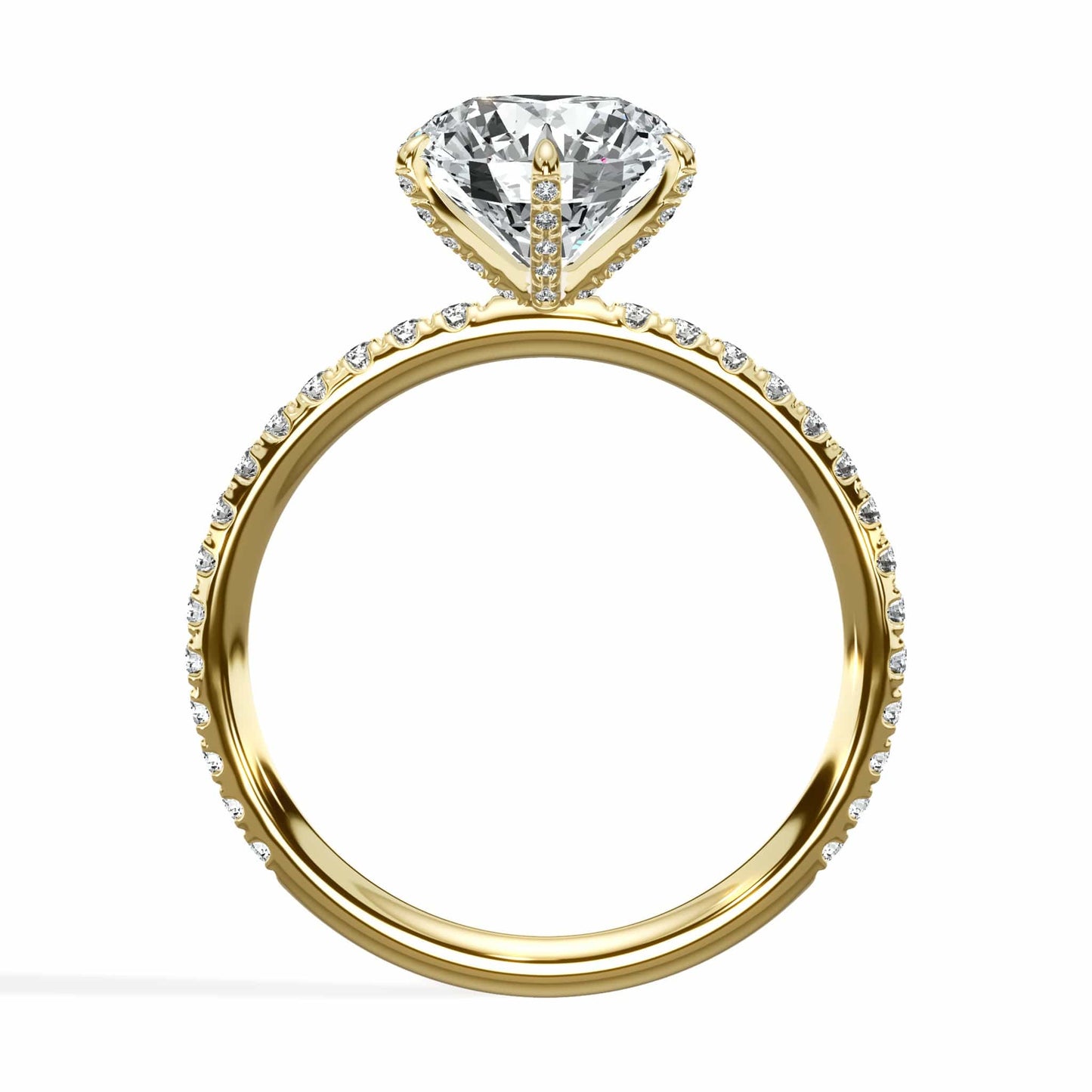 2.50 Carats Lab Grown Round Brilliant Cut Micropave Side Stones Accented Prongs Diamond Engagement Ring in Yellow Gold