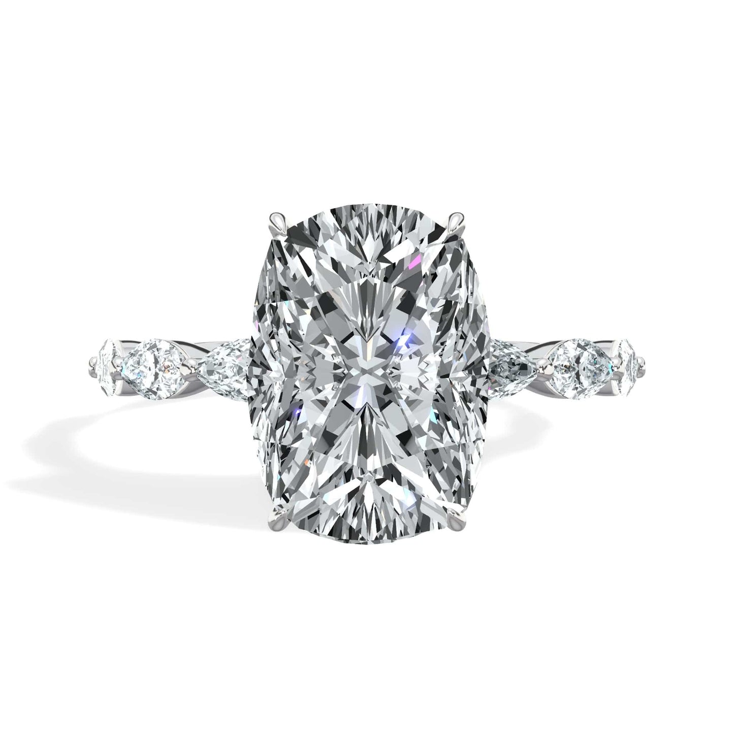 4.02 Carats Lab Grown Elongated Cushion Cut with Marquise Side Stones Hidden Halo Diamond Engagement Ring White Gold