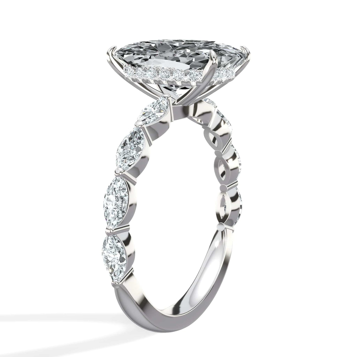 4.02 Carats Lab Grown Elongated Cushion Cut with Marquise Side Stones Hidden Halo Diamond Engagement Ring White Gold