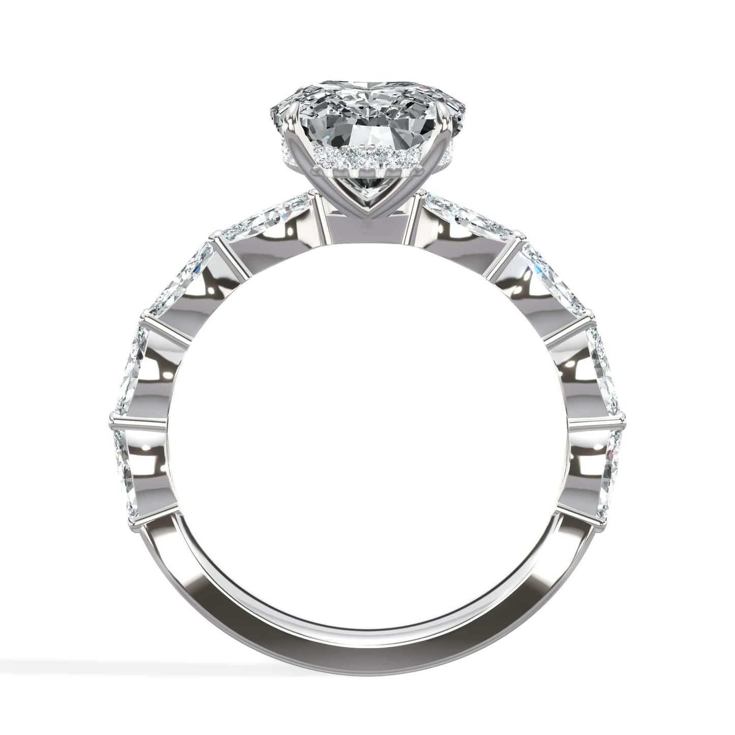 4.02 Carats Lab Grown Elongated Cushion Cut with Marquise Side Stones Hidden Halo Diamond Engagement Ring White Gold