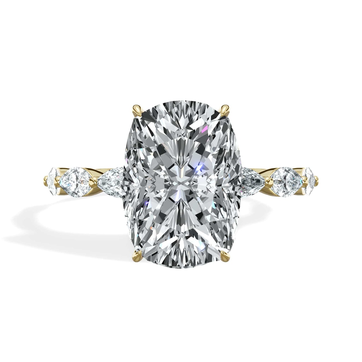 4.02 Carats Lab Grown Elongated Cushion Cut with Marquise Side Stones Hidden Halo Diamond Engagement Ring Yellow Gold