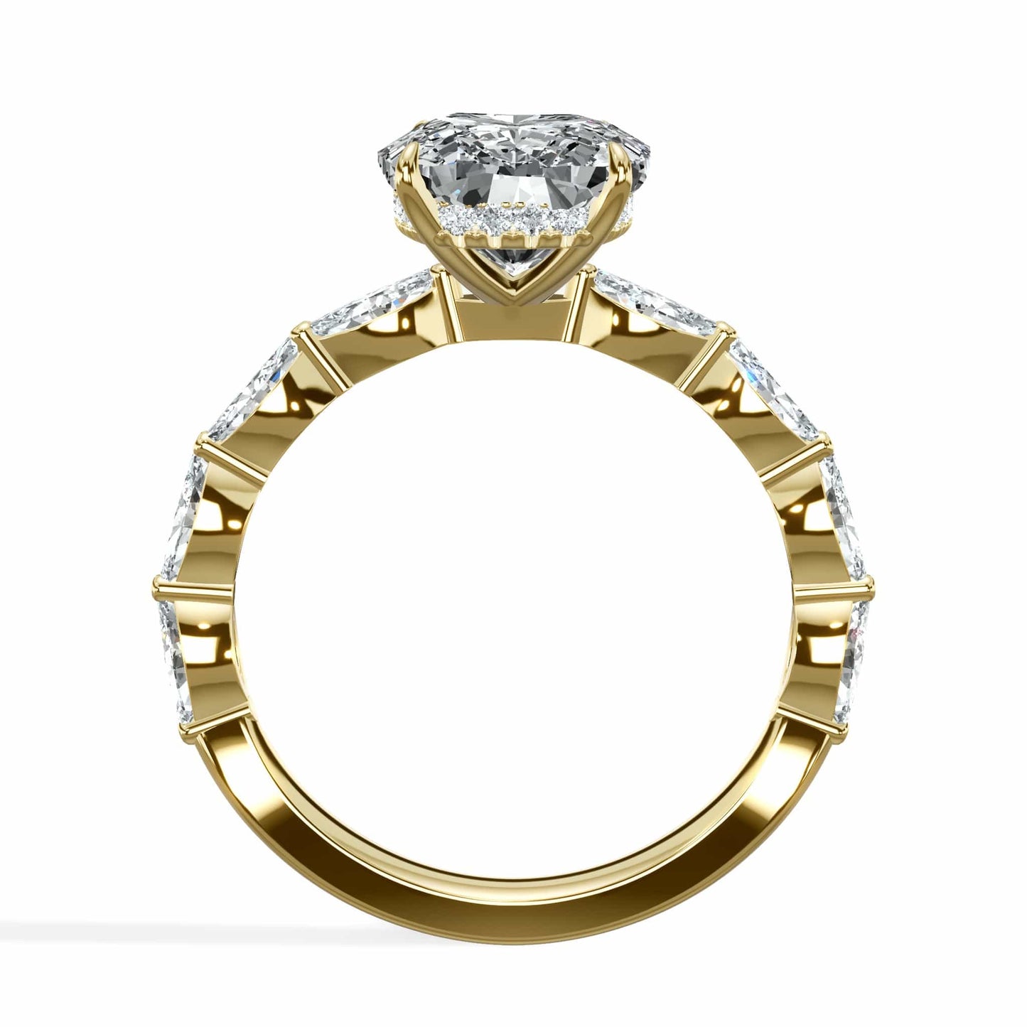 4.02 Carats Lab Grown Elongated Cushion Cut with Marquise Side Stones Hidden Halo Diamond Engagement Ring Yellow Gold