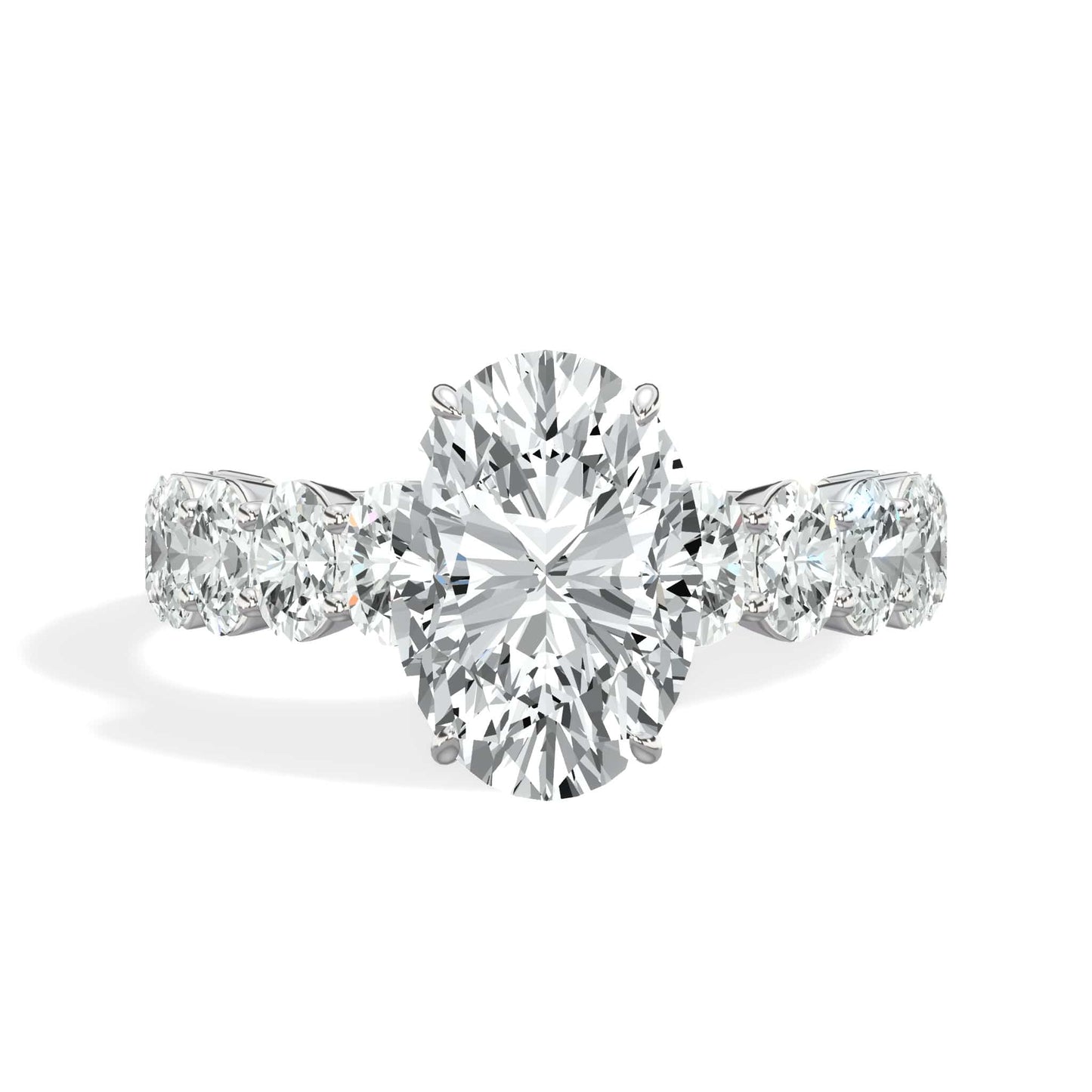 4 Carats Lab Grown Oval Cut with Oval Side Stones Hidden Halo Diamond Engagement Ring
