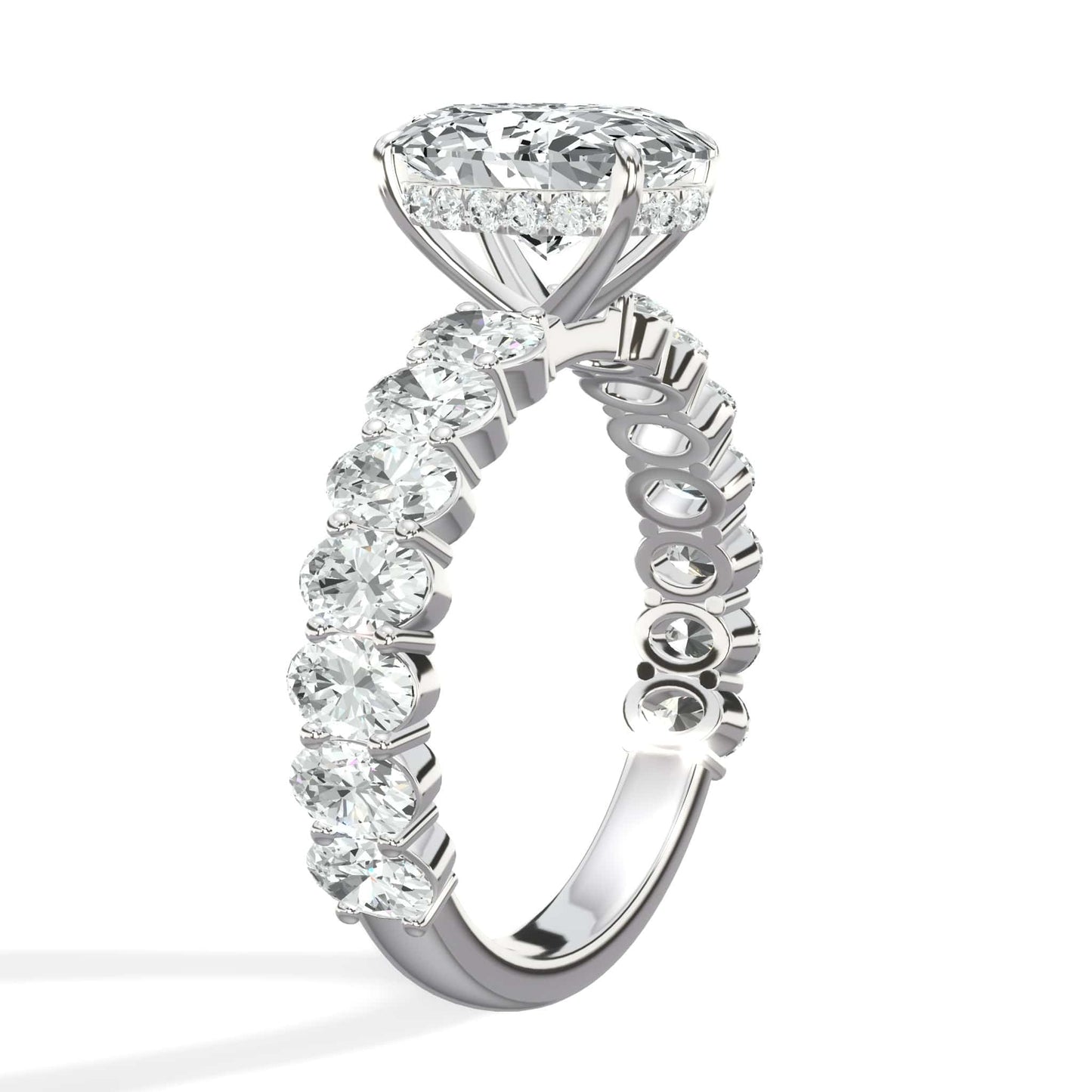 4 Carats Lab Grown Oval Cut with Oval Side Stones Hidden Halo Diamond Engagement Ring