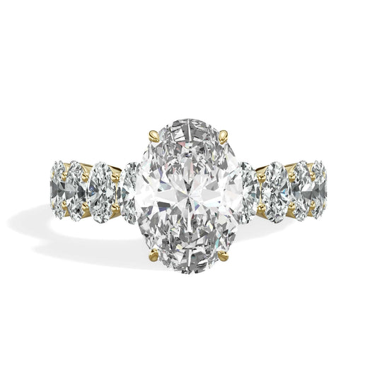 4.05 Carats Lab Grown Oval Cut with Oval Side Stones Hidden Halo Diamond Engagement Ring In Yellow Gold