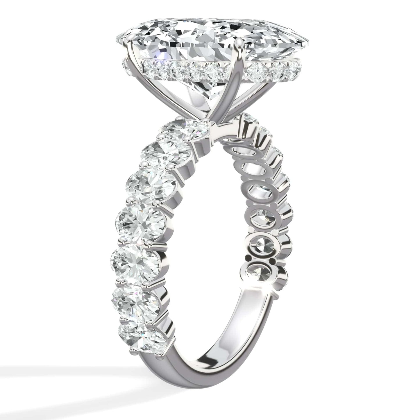 7 Carats Lab Grown Oval Cut with Oval Side Stones Hidden Halo Diamond Engagement Ring In White Gold