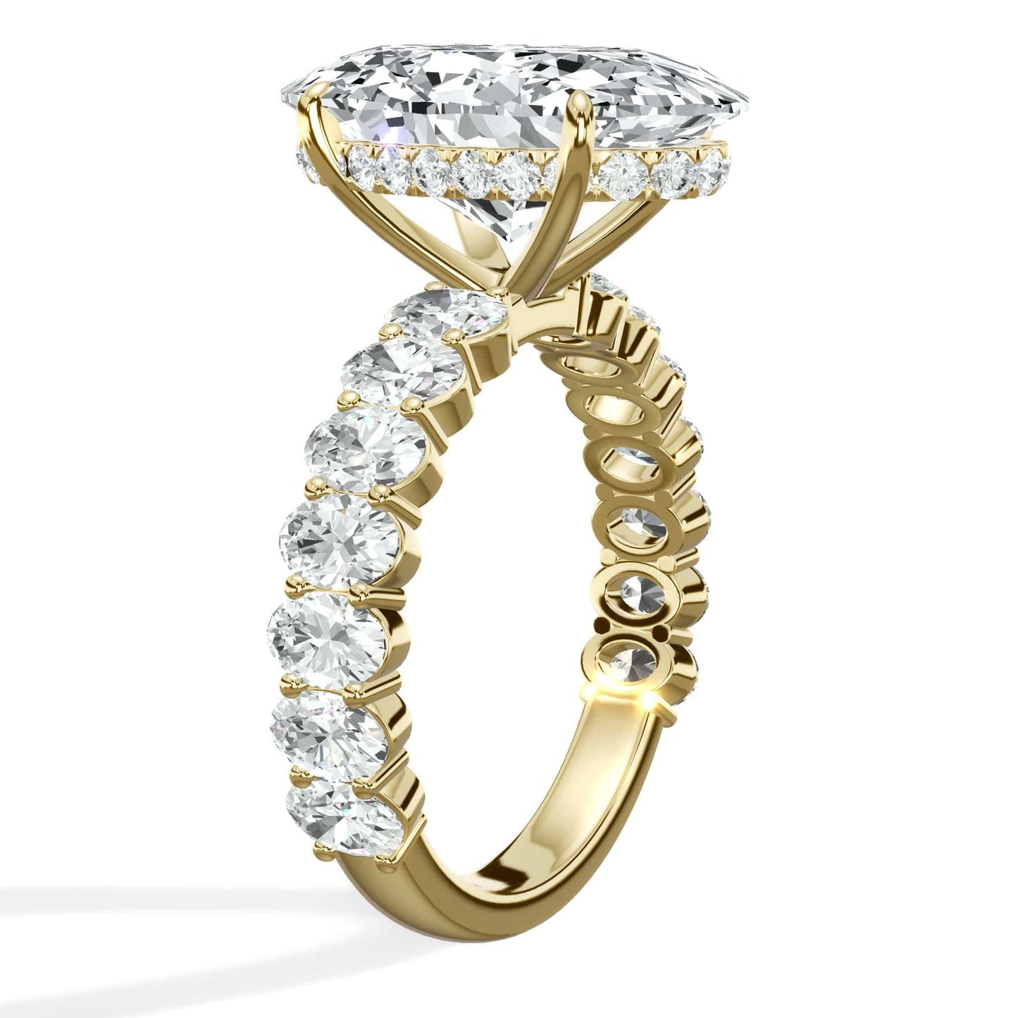 7 Carats Lab Grown Oval Cut with Oval Side Stones Hidden Halo Diamond Engagement Ring In Yellow Gold