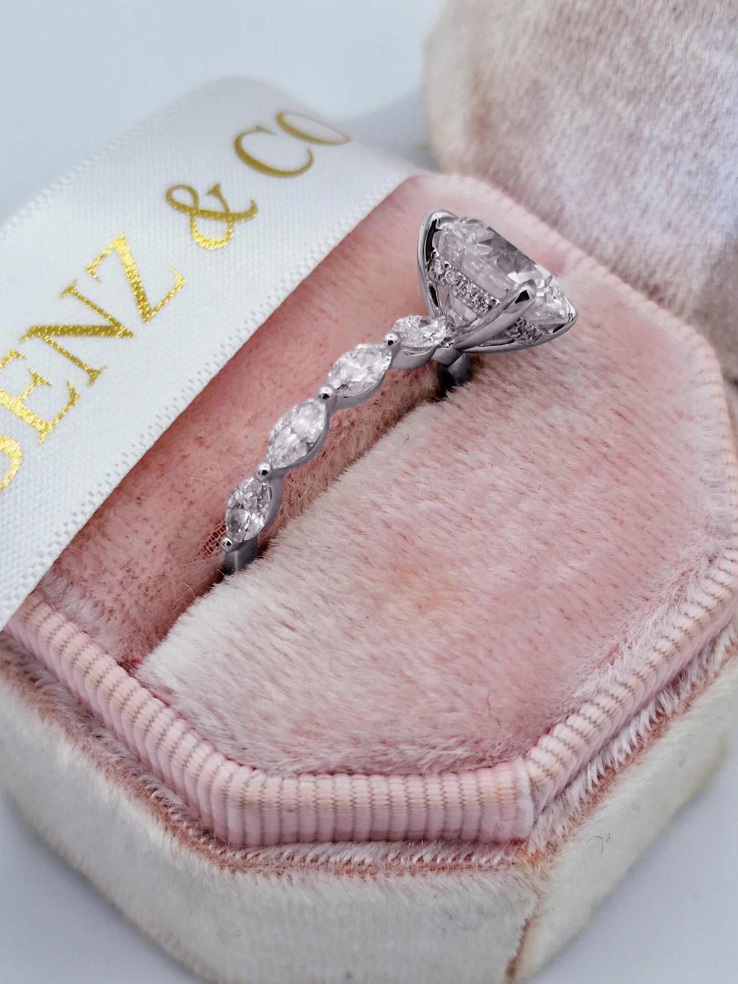 3.81 Carats Lab Grown Round Cut with Marquise Side Stones Hidden Halo Diamond Engagement Ring