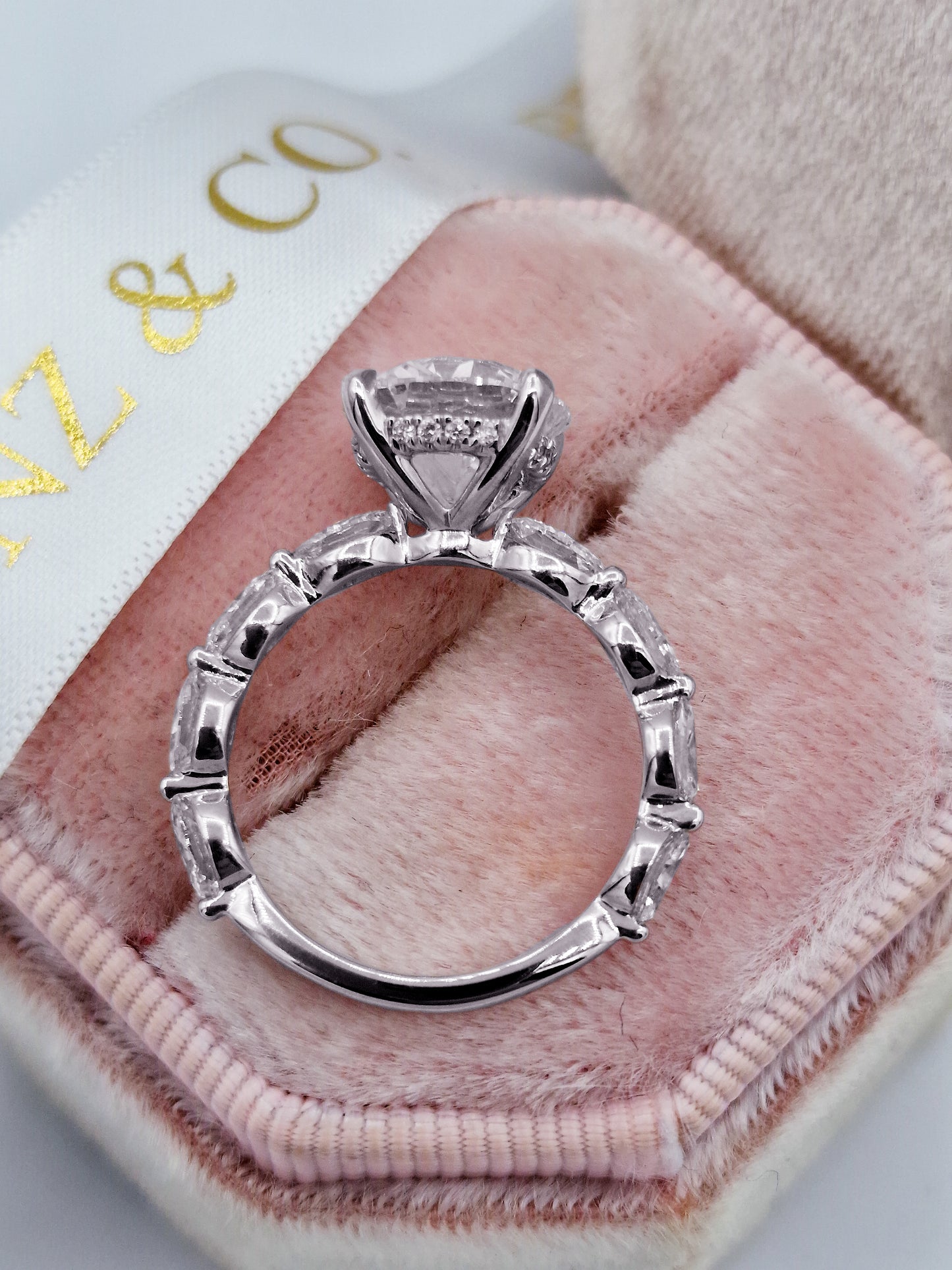 3.81 Carats Lab Grown Round Cut with Marquise Side Stones Hidden Halo Diamond Engagement Ring