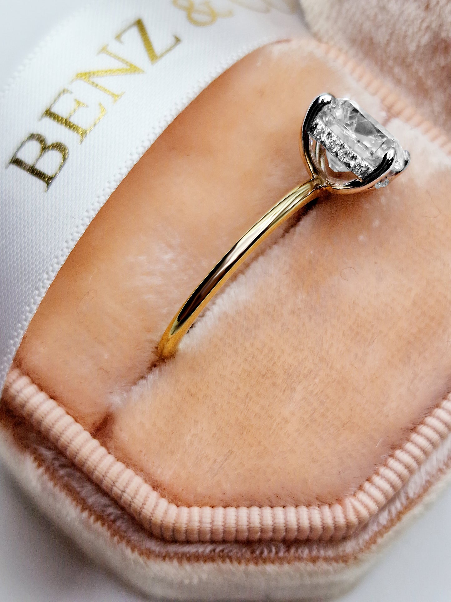 2.86 Carats Lab Grown Old Mine Cushion Cut Two Tone Solitaire Hidden Halo Diamond Engagement Ring