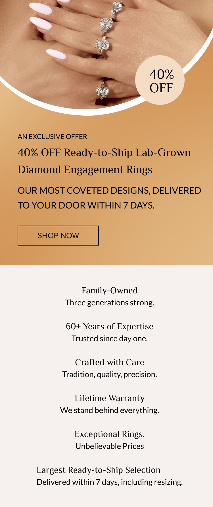 40% off lab-grown diamond engagement rings, delivered in 7 days.