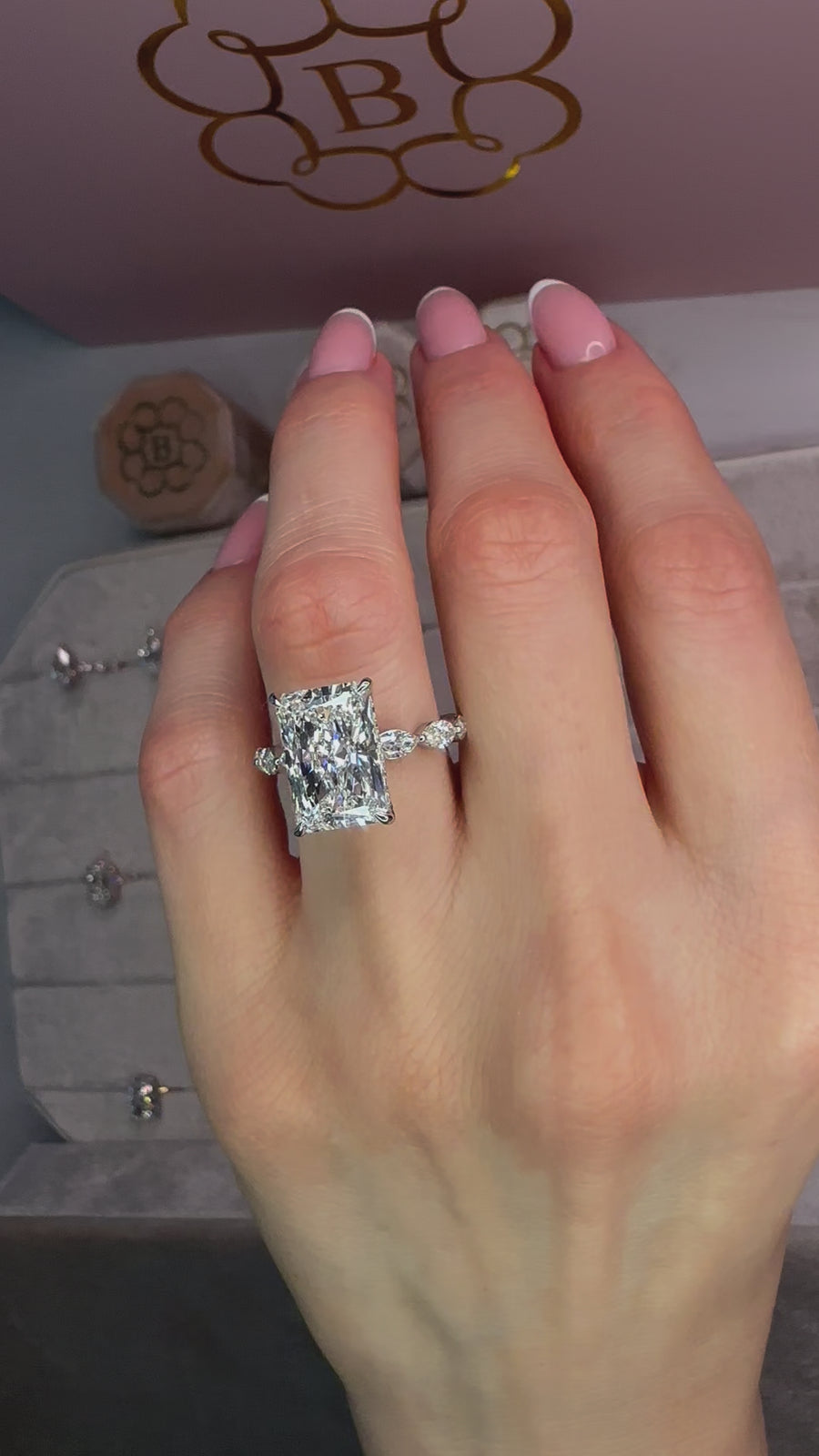 5.73 Carats Lab Grown Radiant Cut with Marquise Side Stones Hidden Halo Diamond Engagement Ring