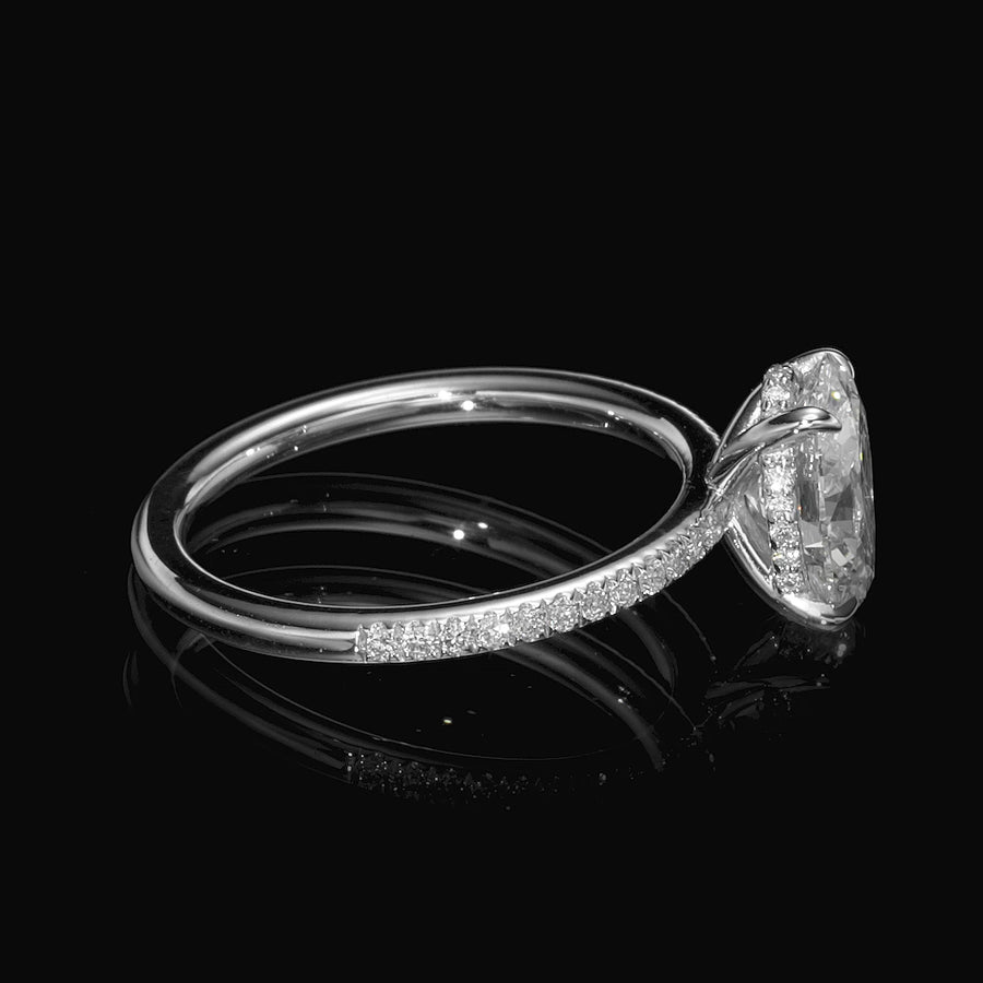 1.96 Carats Lab Grown Oval Cut Micropaved Side Stones Hidden Halo Diamond Engagement Ring