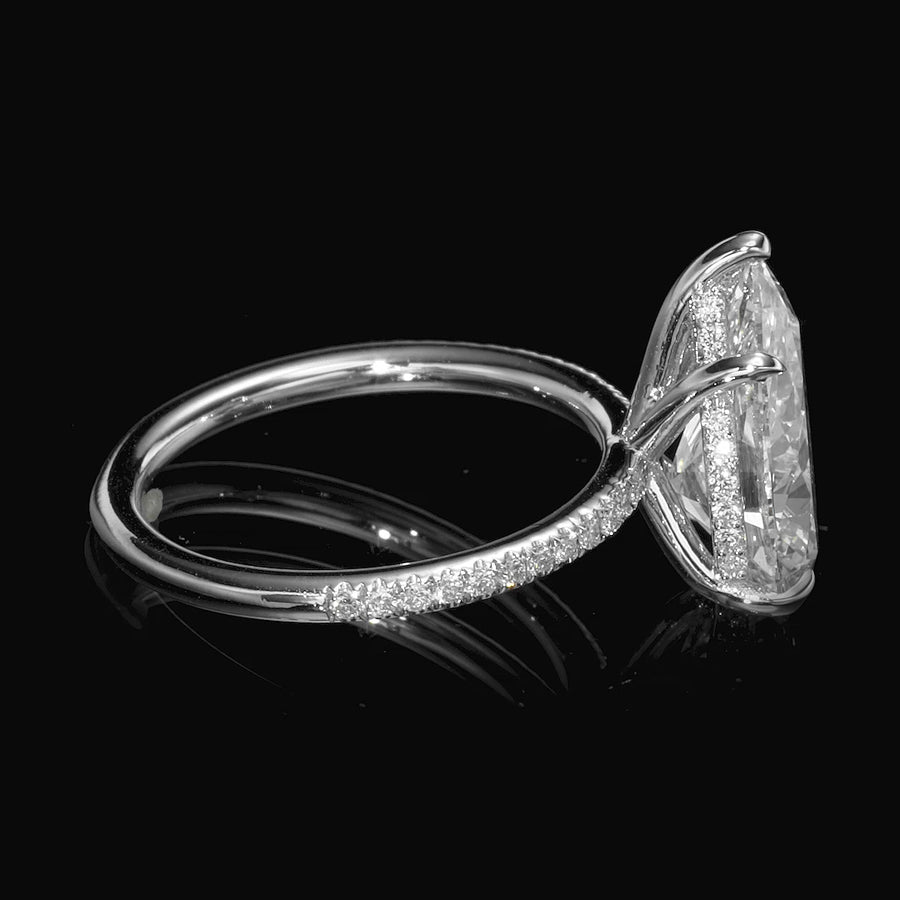 4.02 Carats Lab Grown Pear Shaped Micropaved Side Stones Hidden Halo Diamond Engagement Ring