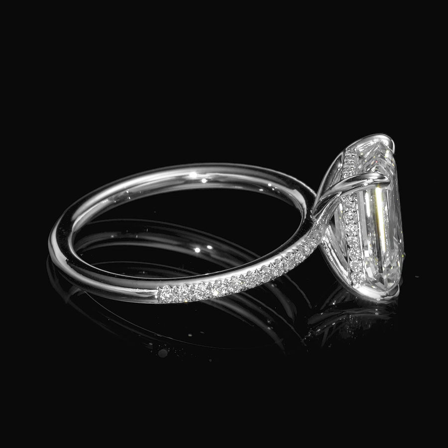 3.43 Carats Lab Grown Emerald Cut Micropaved Side Stones Hidden Halo Diamond Engagement Ring