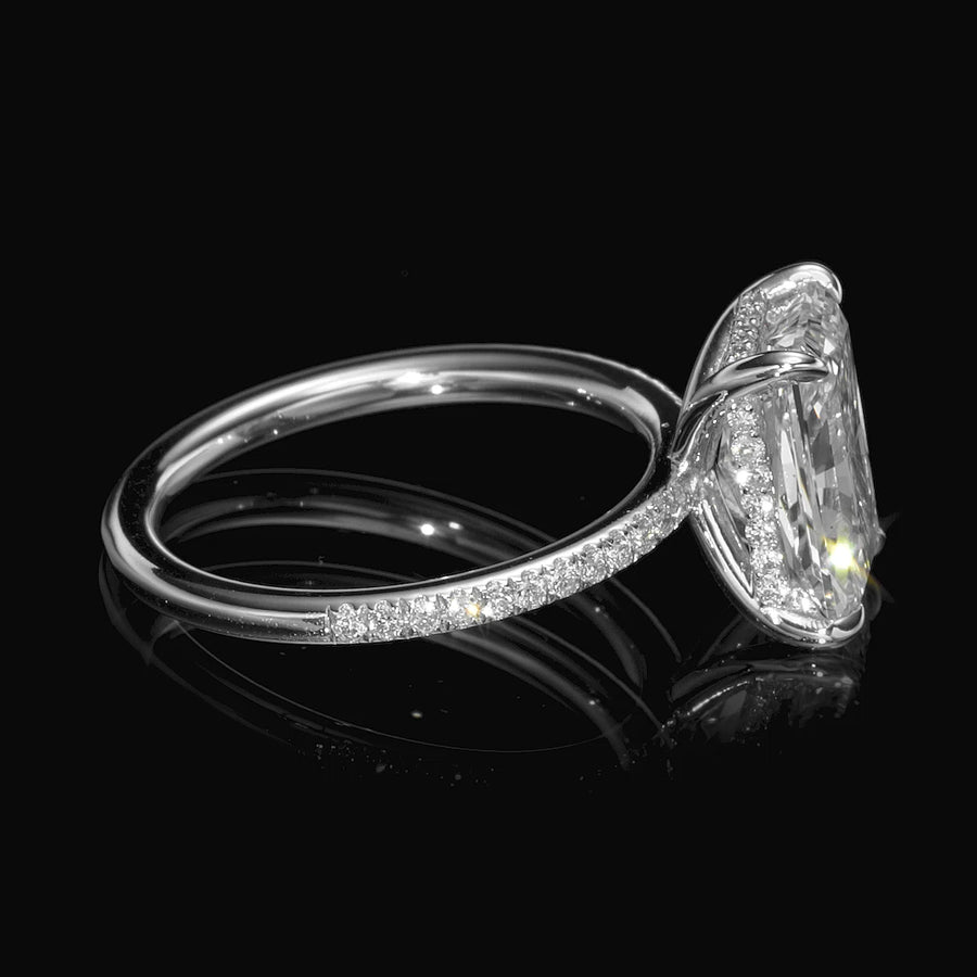 3.41 Carats Lab Grown Radiant Cut Micropaved Side Stones Hidden Halo Diamond Engagement Ring