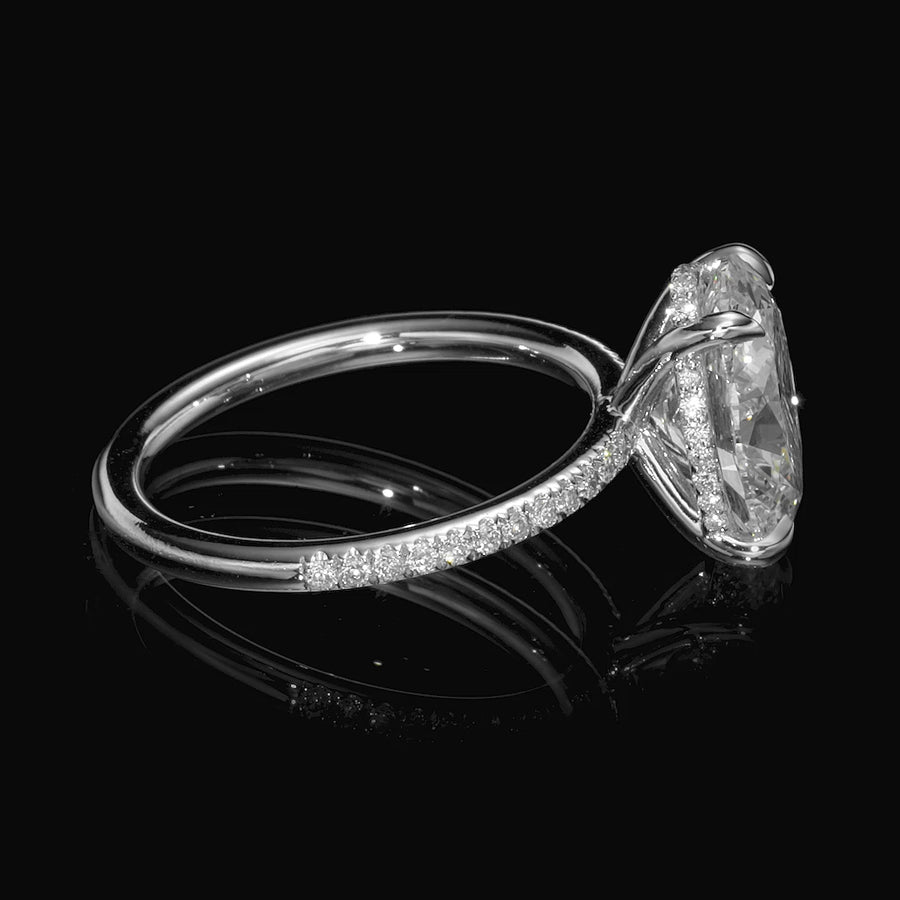 3.41 Carats Lab Grown Oval Cut Micropaved Side Stones Hidden Halo Diamond Engagement Ring