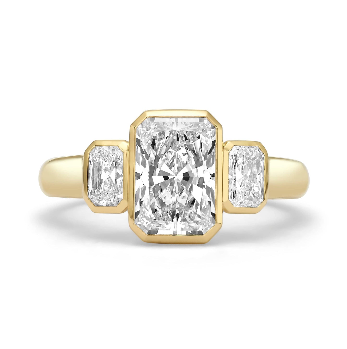 2.55 Carats Lab Grown Emerald Cut with Radiant Sides Three-Stone Diamond Engagement Ring