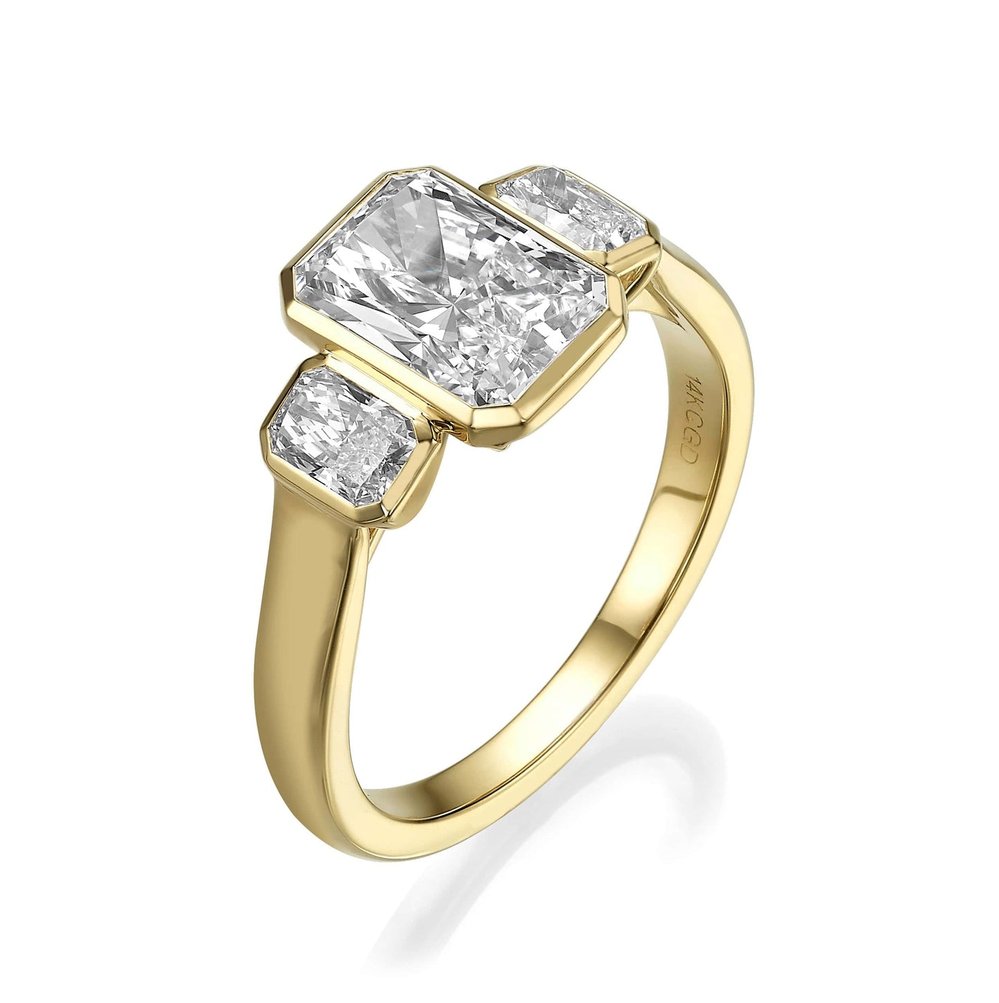 2.55 Carats Lab Grown Emerald Cut with Radiant Sides Three-Stone Diamond Engagement Ring
