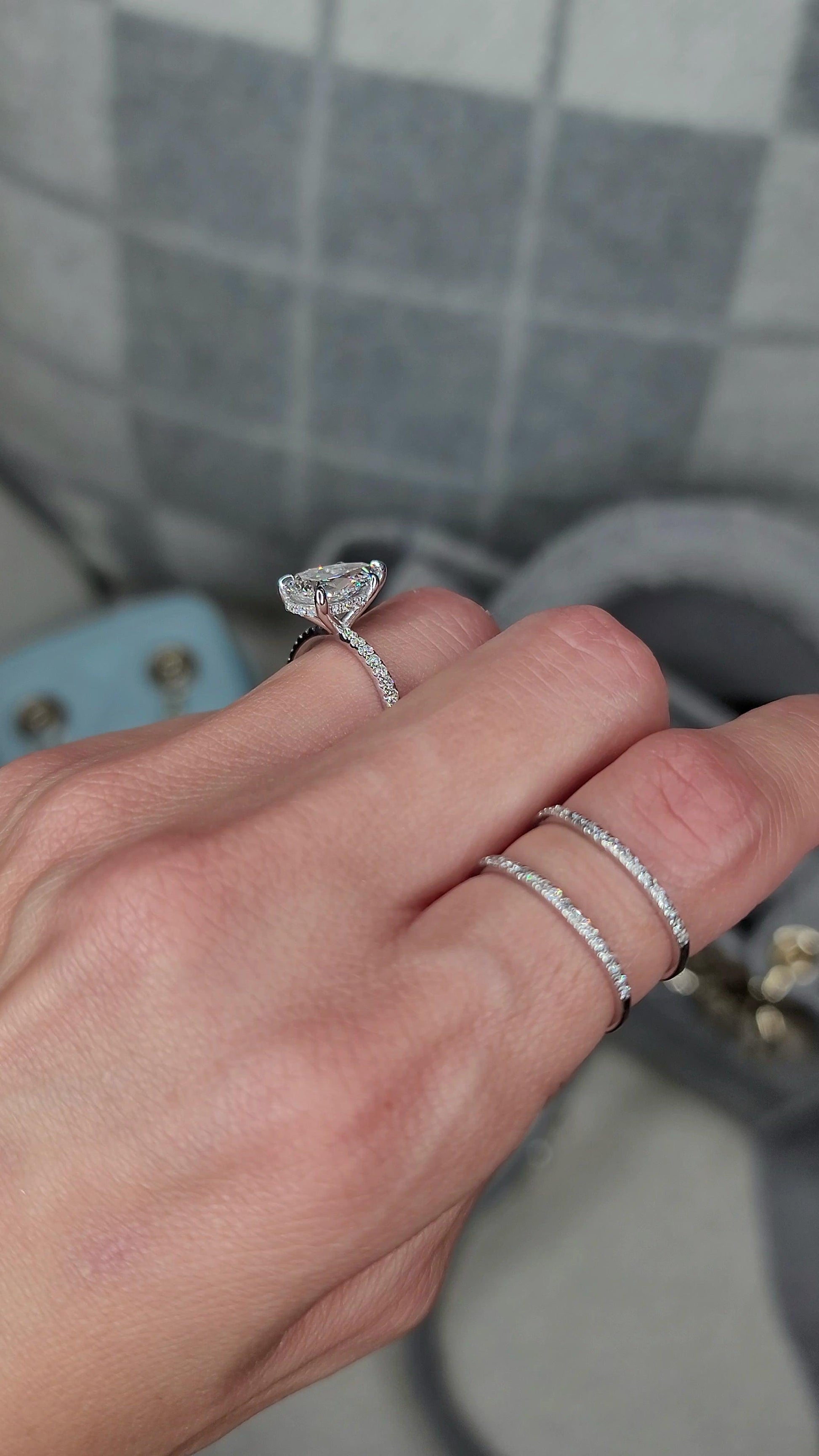 2 carat Lab Grown Pear Shape Micropaved Side Stones Hidden Halo Diamond Engagement Ring - BenzDiamonds