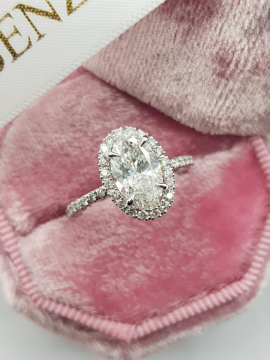 2 Carats Oval Cut Micropave Halo Side Stones Diamond Engagement Ring - BenzDiamonds