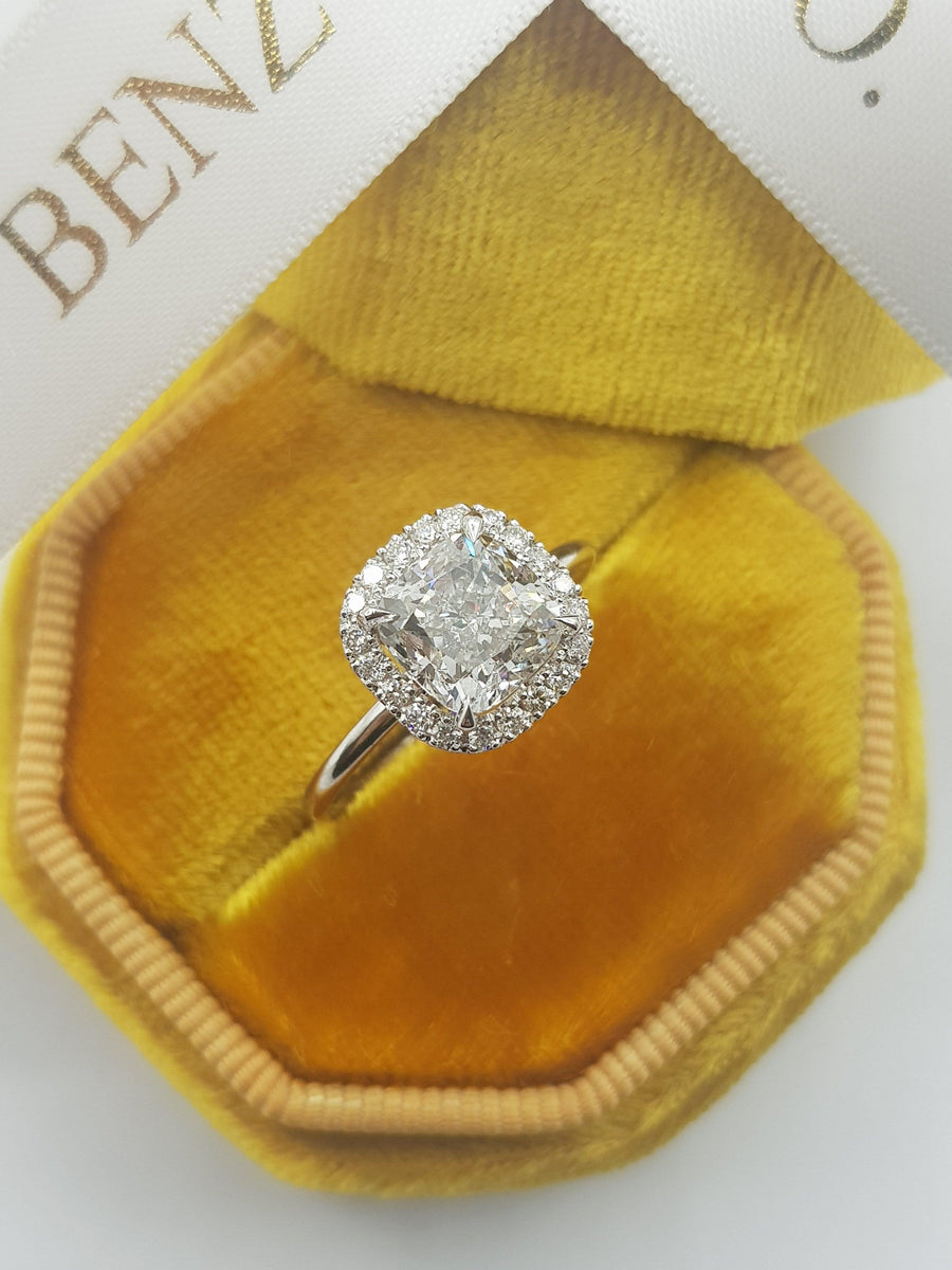 2.20 Carats Cushion Cut Halo Diamond Engagement Ring - BenzDiamonds
