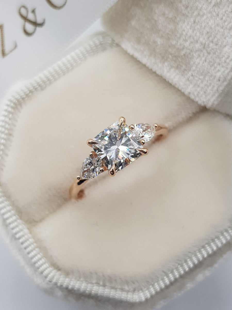 1.30 Carats Cushion Cut with 2 Pear Shape Side Stones Diamond Engagement Ring - BenzDiamonds