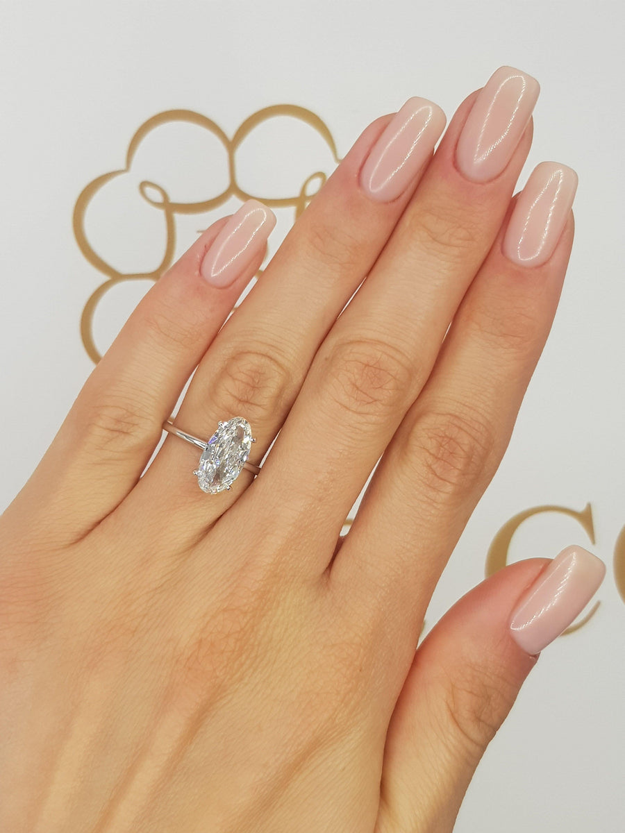 2 Carats Elongated Oval Solitaire Hidden Halo Diamond Engagement Ring - BenzDiamonds