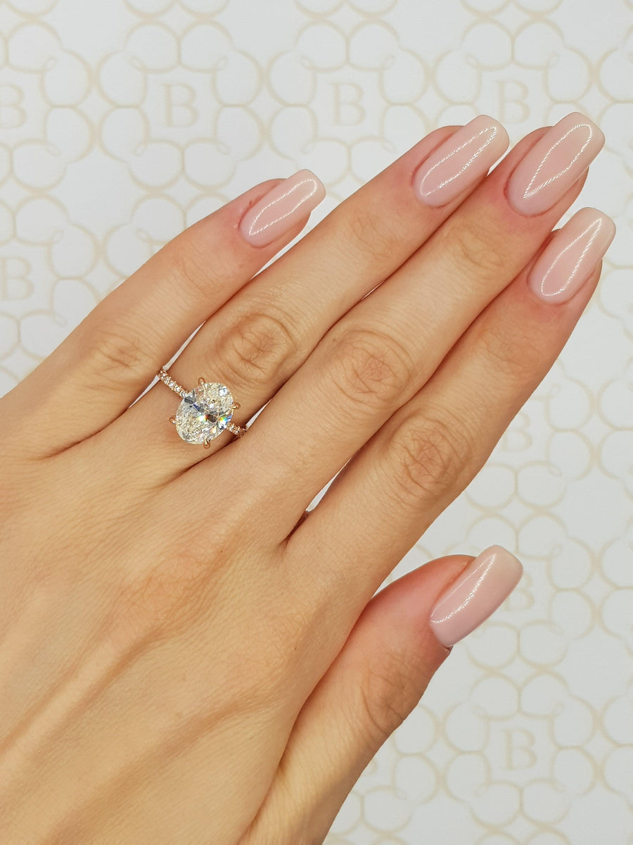3.60 Carats Oval Cut Micropave Side Stones Hidden Halo Diamond Engagement Ring - BenzDiamonds