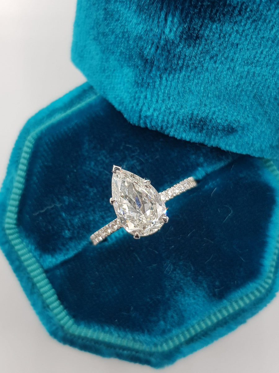 2.65 Carats Pear Shape Side Stones Majestic Hidden Halo Diamond Engagement Ring - BenzDiamonds