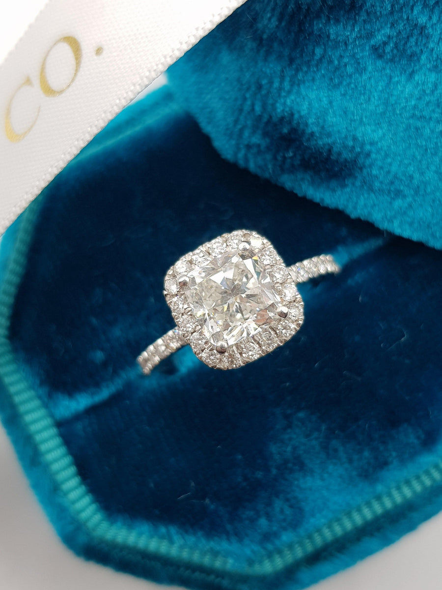 2.15 Carat Cushion Cut Micropaved Halo Side Stones Diamond Engagement Ring - BenzDiamonds
