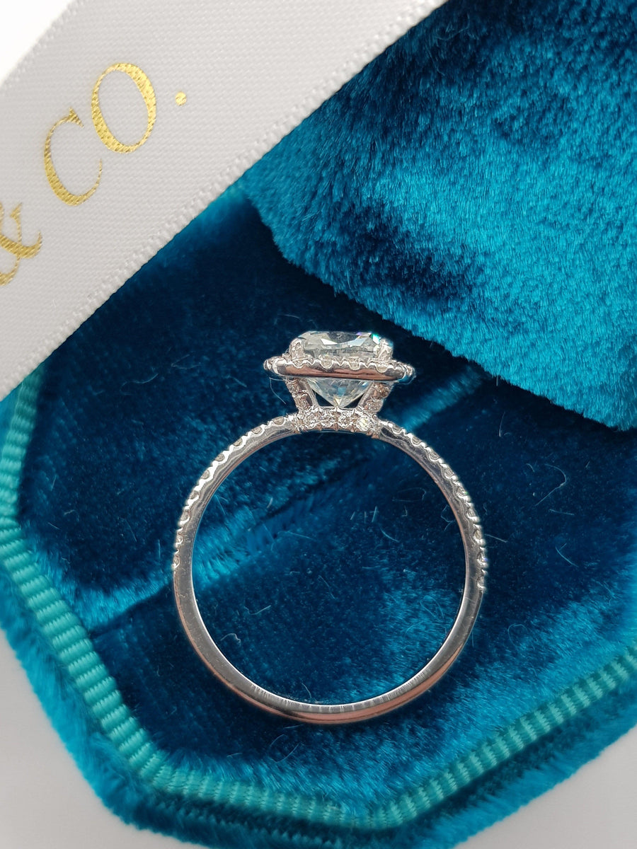2.15 Carat Cushion Cut Micropaved Halo Side Stones Diamond Engagement Ring - BenzDiamonds
