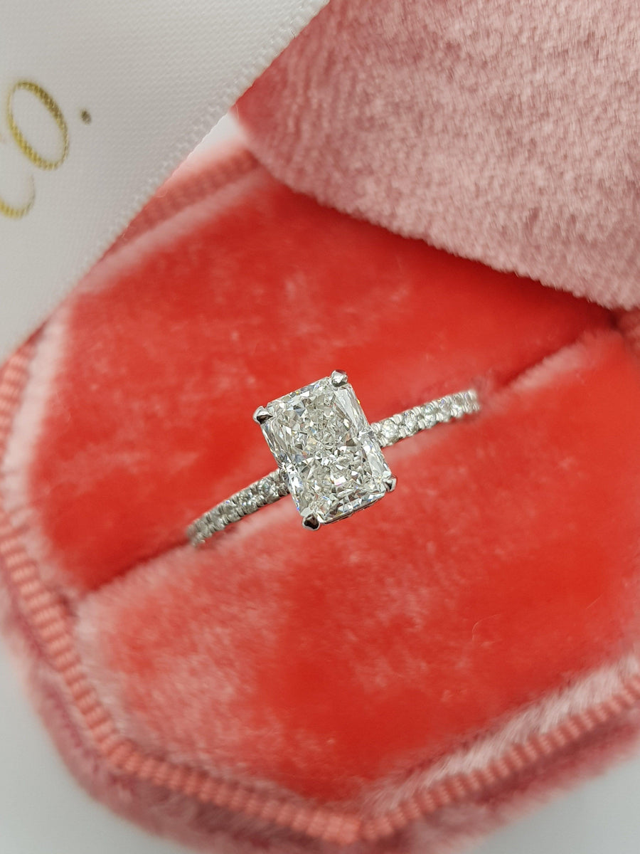 1.55 Carats Radiant Cut Micropaved Side Stones Hidden Halo Diamond Engagement Ring - BenzDiamonds