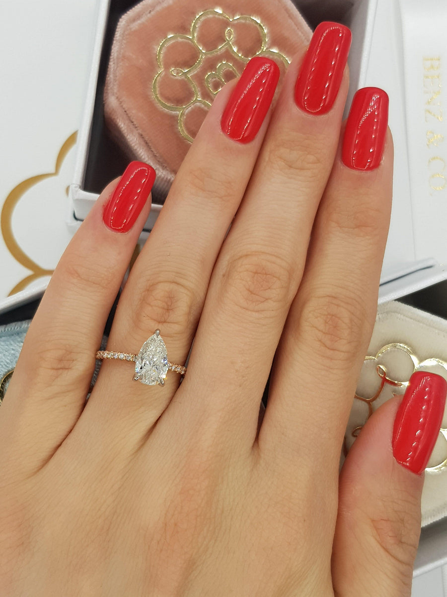 1.75 Carats Pear Shape Two-Tone Micropave Side Stones Diamond Engagement Ring - BenzDiamonds