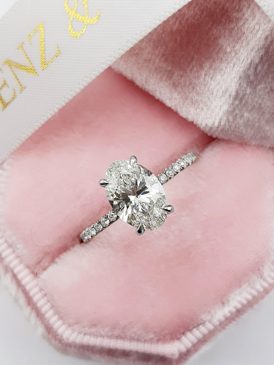 2.50 Carats Oval Cut Micropave Side Stones Hidden Halo Diamond Engagement Ring - BenzDiamonds