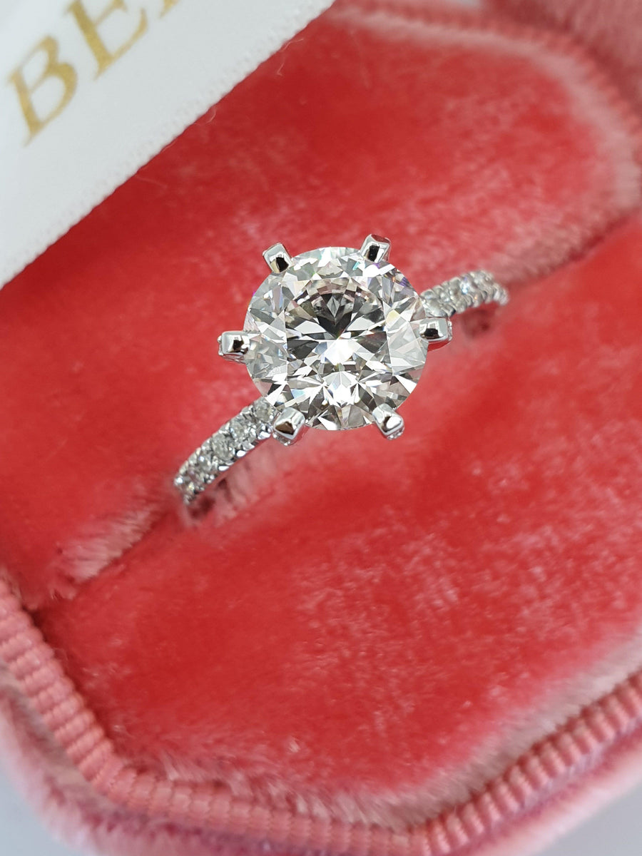 2 Carats Round Brilliant Cut Micropave Side Stones Accented Prongs Diamond Engagement Ring - BenzDiamonds