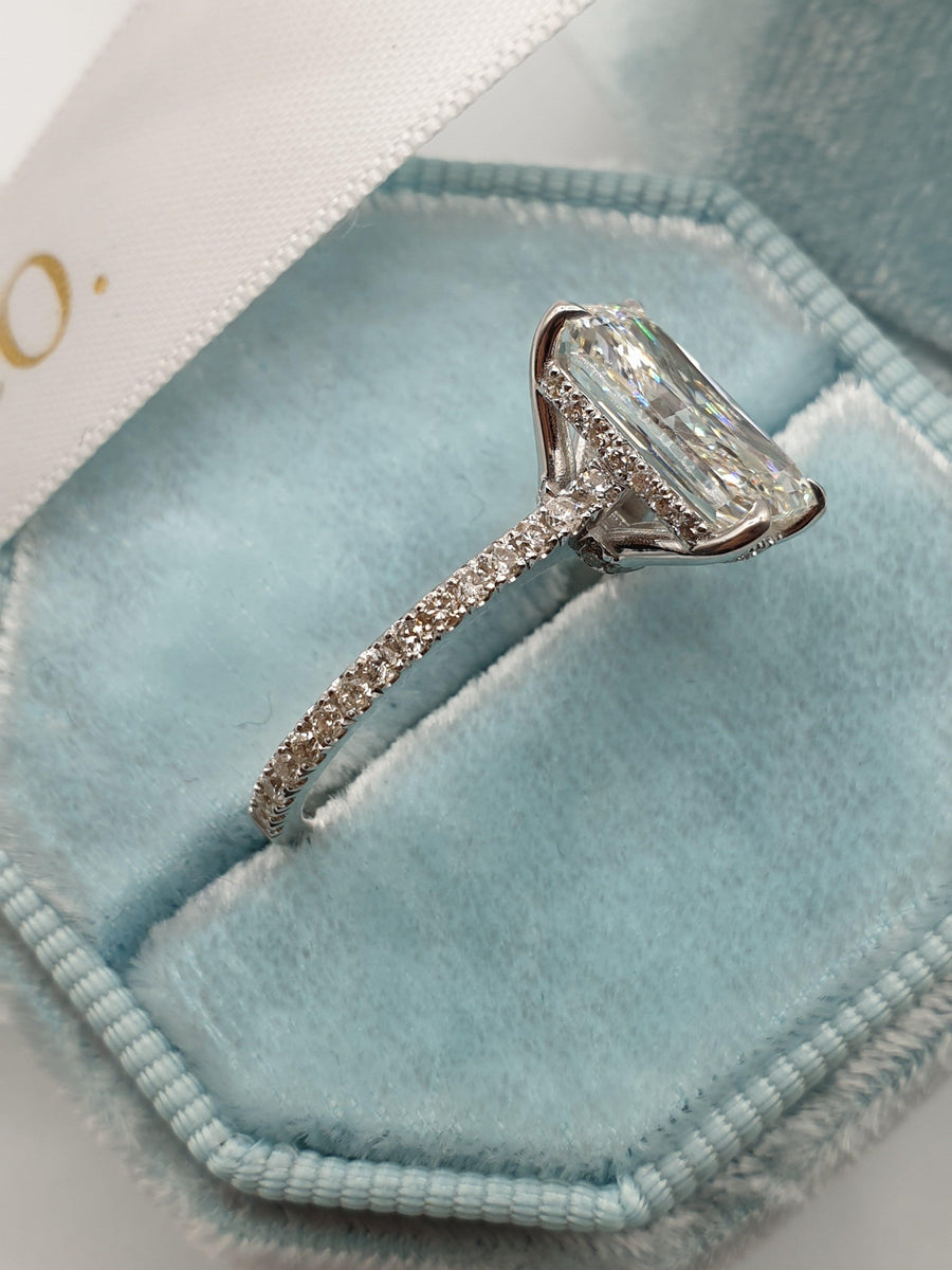 3.50 Carats Super Elongated Radiant Cut Micropaved Side Stones Hidden Halo Diamond Engagement Ring - BenzDiamonds