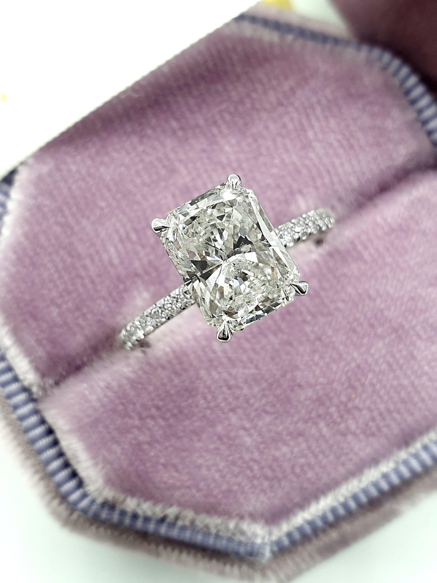 3 Carats Radiant Cut Micropaved Side Stones Hidden Halo Diamond Engagement Ring - BenzDiamonds