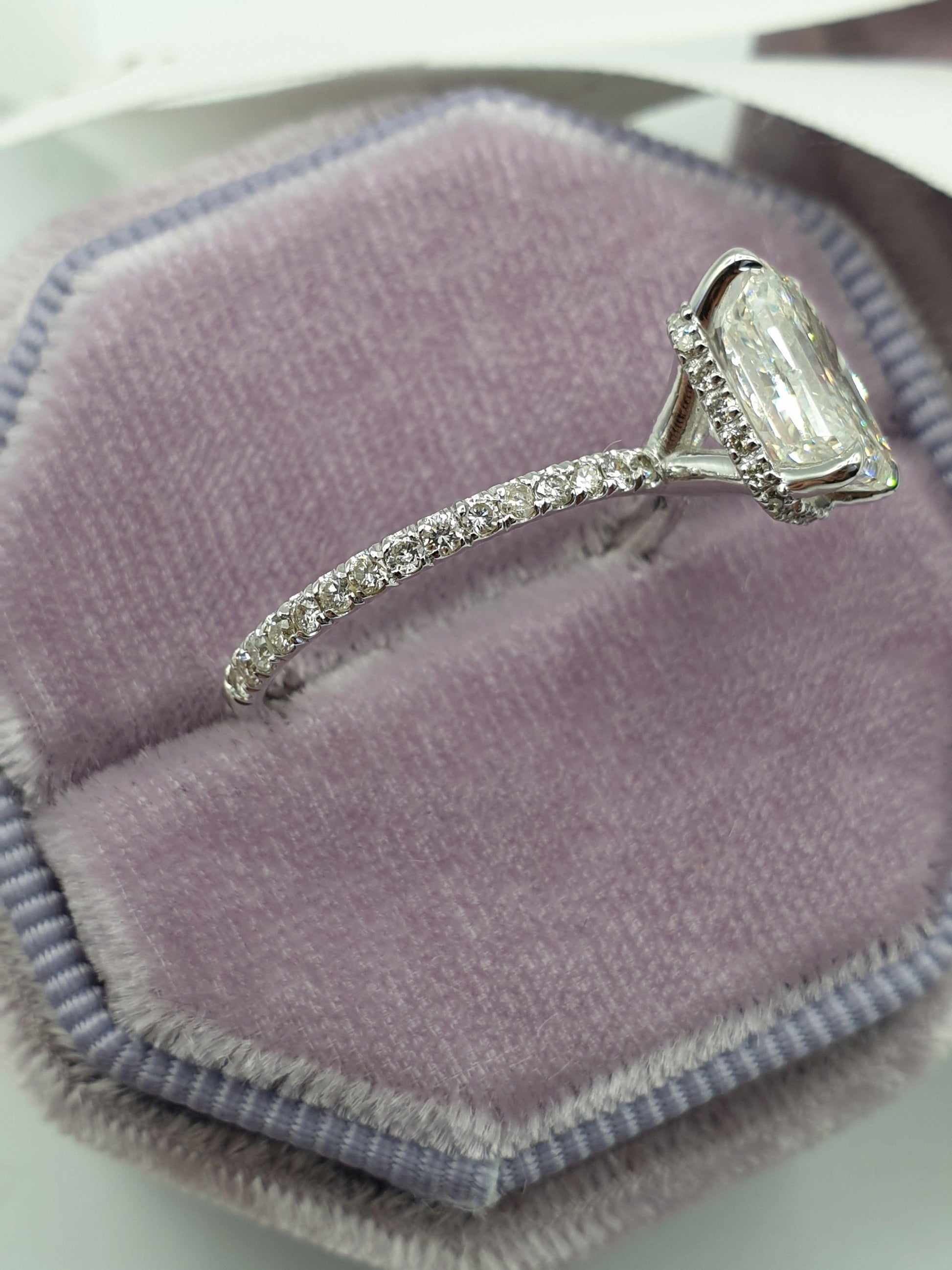 3 Carats Radiant Cut Micropaved Side Stones Hidden Halo Diamond Engagement Ring - BenzDiamonds