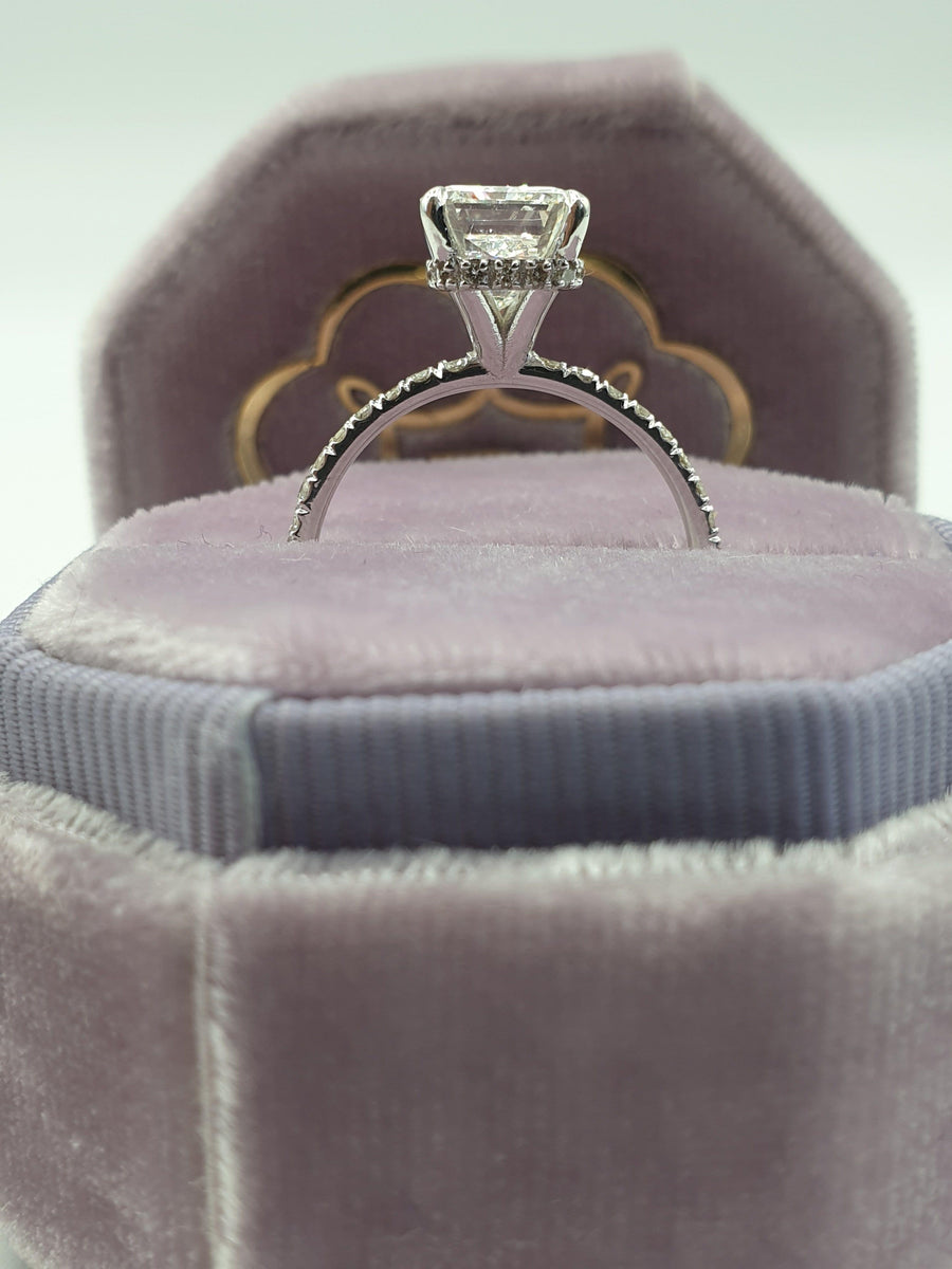3 Carats Radiant Cut Micropaved Side Stones Hidden Halo Diamond Engagement Ring - BenzDiamonds