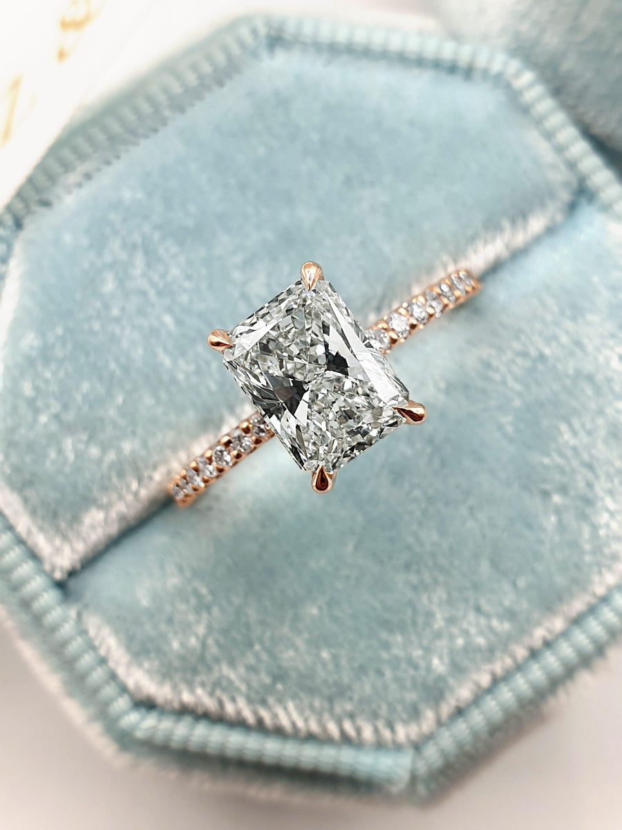 2 Carats Radiant Cut Micropaved Side Stones Hidden Halo Diamond Engagement Ring - BenzDiamonds